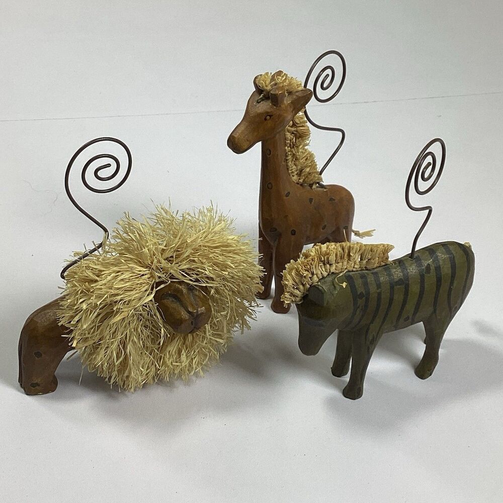 Pier 1 Imports Wood Animal Place Card Note Holder Set 3 Lion Giraffe Elephant